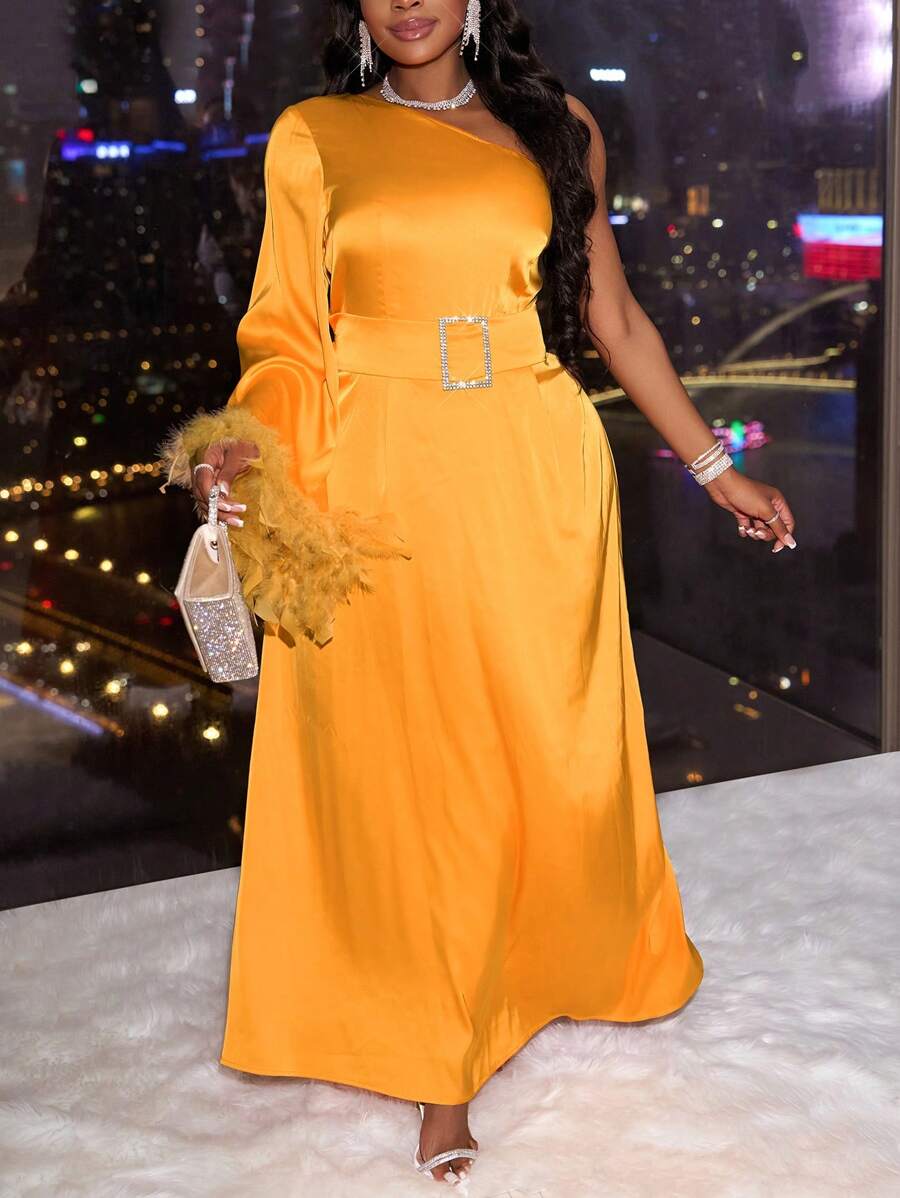 Slaydiva Plus Size Elegant Asymmetrical Shoulder Ruched Waist A-Line Dress - Z - Orange - View 1