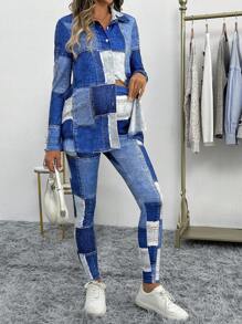 SHEIN 2pcs Maternity Casual Patchwork Print Button Front Long Sleeve Top And Leggings Set, Leggings Set, Autumn