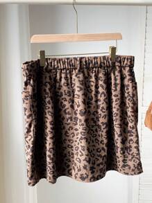 SHEIN EZwear 大尺碼女款駱駝豹紋印花口袋梭織裙 - 駝色 - 查看 2