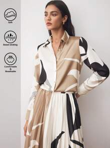 BizChic Floral Asymmetrical Geometric Print Long Sleeve Satin Blouse, Women Office Wear Clothes For Spring & Summer