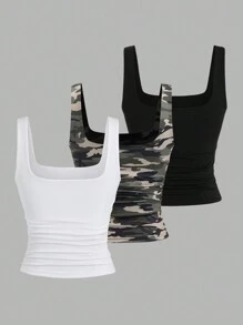 Flirla Camiseta de tirantes ajustada con cuello cuadrado y plisados para mujer
