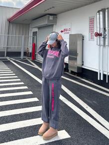 SHEIN Leap Crew 2pcs Set: Grey Hoodie With Letter & Fleece Casual Sweatpants, Collegiate And Street Style