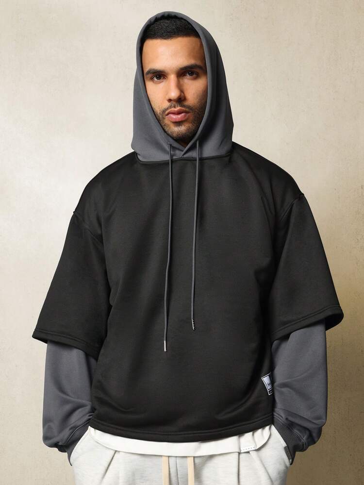Oversized Layered Drawstring Double Sleeve Hoodie