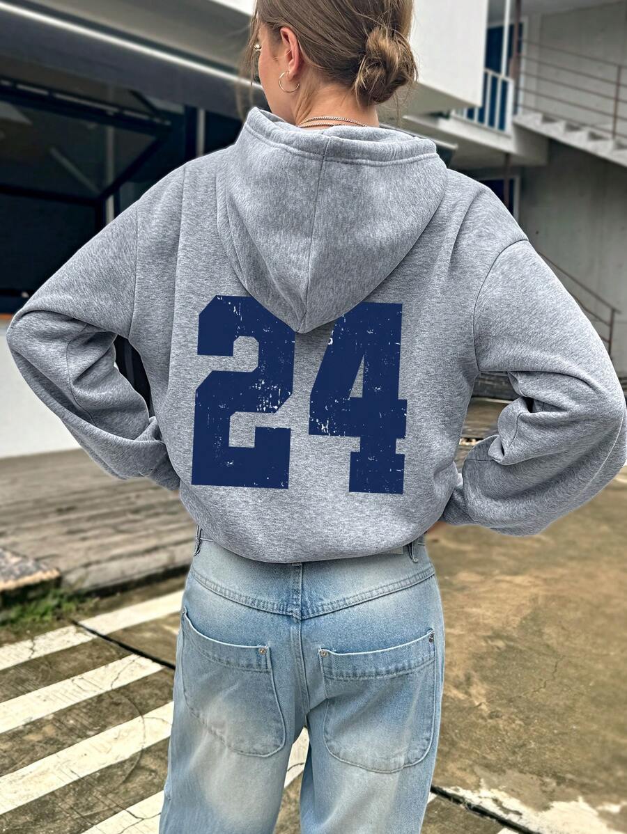 INAWLY Áo nỉ in số thời trang nữ, Thu Đông - Xám - Xem 1