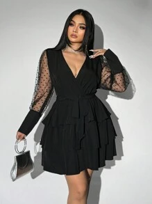 Viva Relle Vestido de manga larga con contraste de malla para tallas grandes - Negro - Ver 4