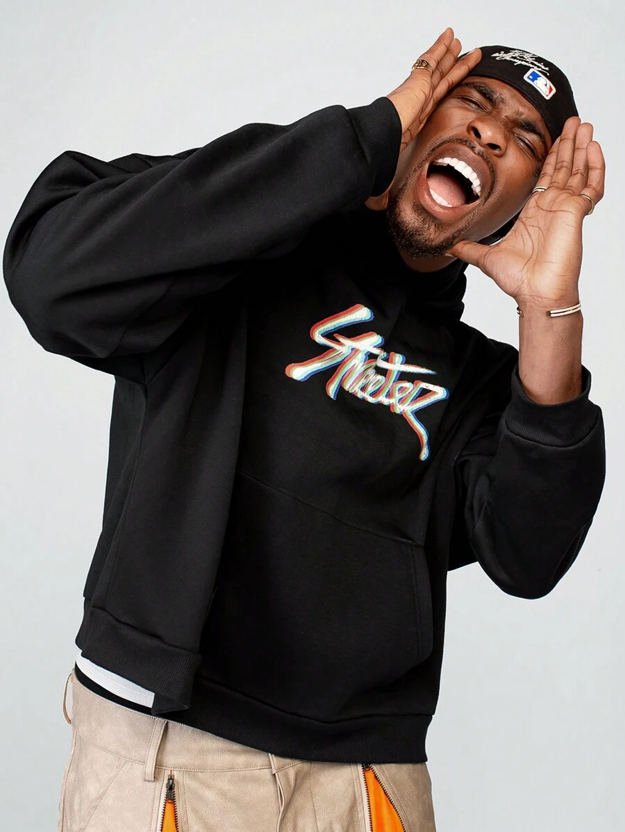 Manfinity VCAY Men's Letter Print Pocket Hoodie Sweatshirt, For Fall Winter - Black - View 1