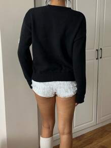 SHEIN Essnce Damen Lässig 3D Blumen Dekoration Pullover für Herbst/Winter, Schwarz-Weiß Pullover, Erntedankfest, Weihnachten, Herbst/Winter, Silvester