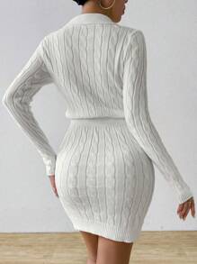 Chiquease 1pc Witte Kabelgebreide Trui Dames, Geborduurde Polo Kraag Bodycon Mini Jurk