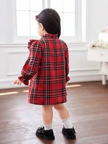 SHEIN 女婴红色圣诞格子荷叶边蝴蝶结长袖连衣裙，可爱校园风格，秋冬 - 紅色 - 查看 2