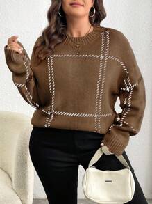 Elenzga Pull en tricot ample, élégant et décontracté à carreaux, automne/hiver, grande taille