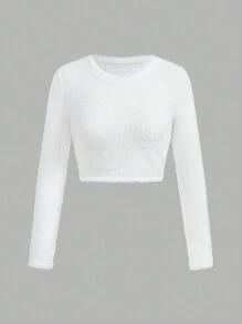 SHEIN EZwear Women's Autumn Minimalist Round Neck Long Sleeve Fuzzy T-Shirt - Multicolor - View 7