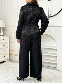 Flirla Plus Size Women's Leopard Pattern Jacquard Lantern Sleeve Wide Leg Elegant Jumpsuit, Suitable For Commuting In Autumn Fall Cloth For Women - Black - View 2