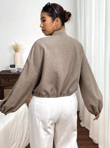 SHEIN Frenchy Camisa holgada de manga larga con moño frontal de estilo minimalista casual, cuello mao de estilo chino, ajustable, talla grande, para otoño/invierno