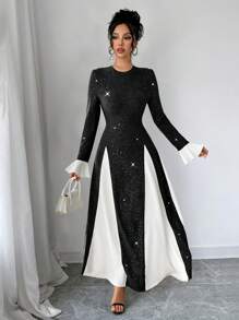 Calvaya Women's Elegant Glitter Splice Hem & Cuff Long Sleeve A-Line Dress, Autumn/Winter Maxi Women Outfit