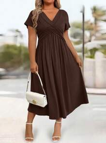EMERY ROSE Casual Solid Color Twist Front Short Sleeve Dress, Suitable For Vacation Maxi Women Outfit - Brown - View 7