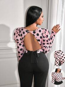 Zolique 轻奢优雅冬季女装长袖波点印花后背镂空吊带设计女T恤秋季女装 - 彩色 - 查看 1