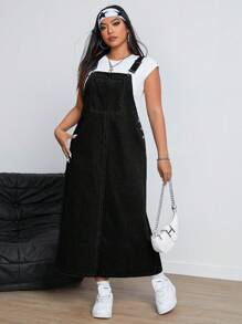 SHEIN ICON 大码休闲纯色牛仔背带裙 - 黑色 - 查看 4