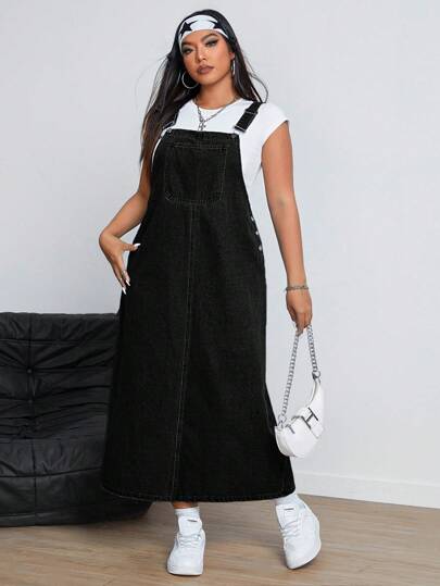 SHEIN ICON 大码休闲纯色牛仔背带裙