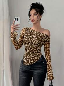 Selianne American Sexy Girl Leopard Print Sheer Mesh Batwing Sleeve Slim Fit Cover Up T-Shirt, Random Flower Pattern Graphic Cheetah Print Tees Women Tops Fall Cloth For Women - Multicolor - View 1