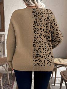 Calvaya Plus Size Women Leopard Print Patchwork Sequin Drop Shoulder Loose Pullover Sweater, For Winter Knit Pullover Fall Outfit