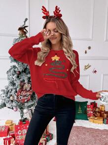 Chiquease Women European & American Christmas Vibe 3D Artsy Glittery Christmas Tree Graphic Round Neck Casual Loose Pullover Sweater Clothes, Autumn/Winter For New Year Clothes Knit Pullover Fall Outfit