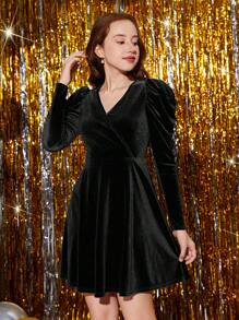 Teen Girls' Black Knit V-Neck Gigot Sleeve Velvet Party/Graduation Dress