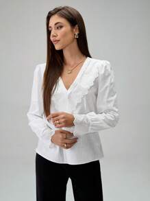 SHEIN Unity 女式 V 领拼布蕾丝边纯色长袖衬衫，女式休闲日常风格上衣 - 白色 - 查看 5