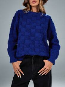 GENKIRA 美式休闲圆领毛圈格纹宽松套头衫，秋冬款 - 藏蓝色 - 查看 6