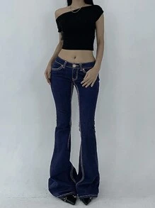 DAZY Women's Low Waist With Pockets Casual Flare Leg Jeans