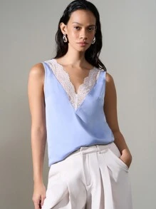 AiiRZ Satin V-Neck Sleeveless Top With Lace Details