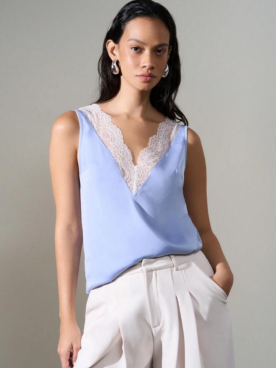 AiiRZ Satin V-Neck Sleeveless Top With Lace Details