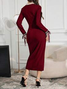 Modelyn Women's Patchwork Ruffle Trim Mesh Flared Sleeve Button Design Dress, Elegant Long Evening Dresses - Burgundy - View 2