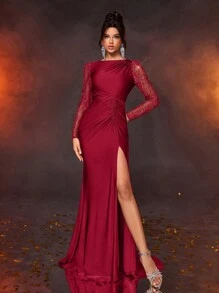 Glamrae 女士优雅奢华经典蓝色弹力针织面料亮片拼布开衩连衣裙，喇叭袖，高开衩鱼尾下摆，适合正式晚会和庆典、派对礼服、婚礼宾客礼服、礼服 - 酒紅色 - 查看 6