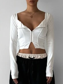 DAZY Camiseta corta de manga larga de unicolor y ajuste ceñido para mujer, informal, para otoño