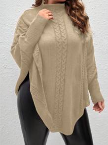 SHEIN LUNE 大码女式蝙蝠袖宽松休闲高领纯色毛衣，秋冬针织套头衫 - 卡其色 - 查看 1