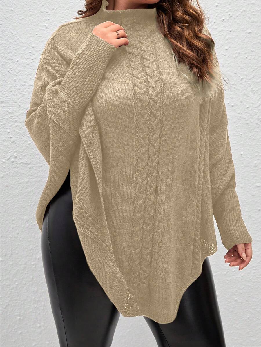 SHEIN LUNE 大码女式蝙蝠袖宽松休闲高领纯色毛衣,秋冬针织套头衫 - 卡其色 - 查看 1