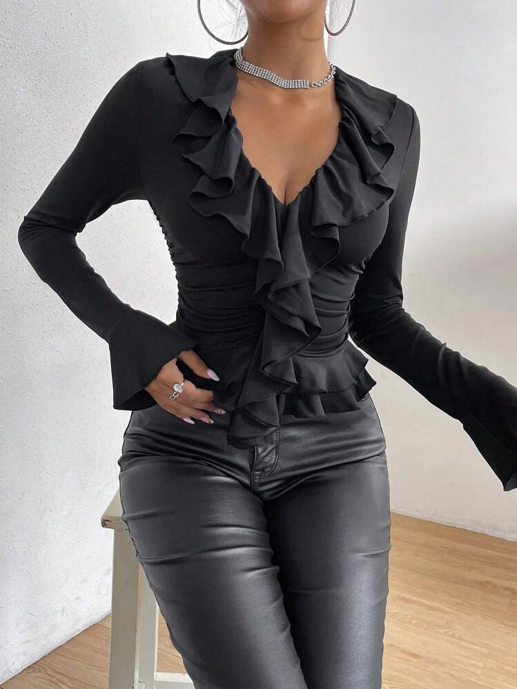 Allurite Women's Black Elegant Ruffled Top With Ruffled Cuffs And Ruched Neckline - Black - View 6