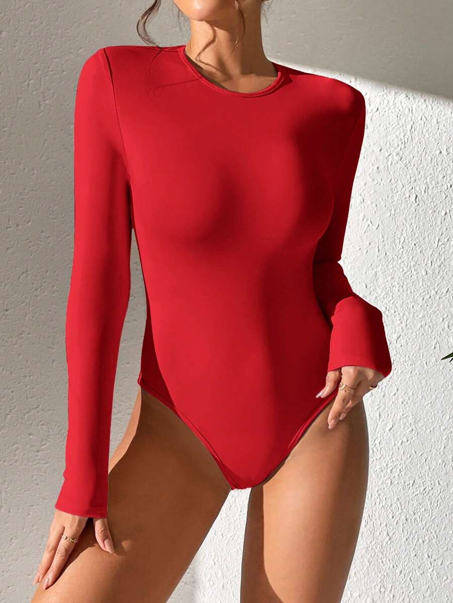 SHEIN PETITE 纯色修身春季女式紧身衣 - 紅色 - 查看 1