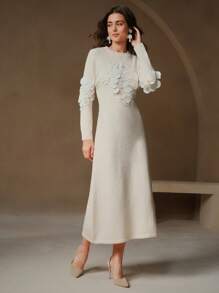 Anewsta Handmade Sequin Decor Delicate Knitted Sweater Dress - Apricot - View 3