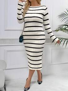 SHEIN Clasi Plus Size Autumn/Winter Elegant Color Blocking Stripe Fitted Sweater Dress