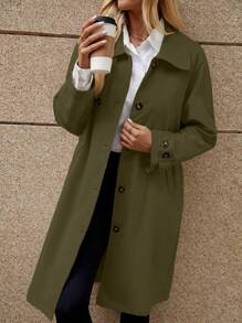 SHEIN LUNE 秋季女士休闲纯色简约风衣 - 軍綠色 - 查看 5