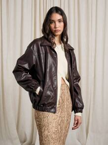 AiiRZ Luxury Leather Bomber Jacket Women Fall Winter Elastic Waist Zip Up Oversized Fashion Outerwear Dark Warm Streetwear - Brown - View 1