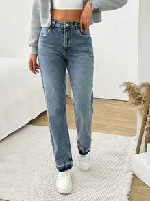 RueChic HIGH RISE SLIM STRAIGHT RIPPED BLUE JEAN - Medium Wash - View 4