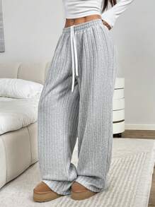 SHEIN EZwear Women's New Light Gray Thermal Lined Casual Loose Wide Leg Pants