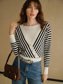 MOTF STUDIO WOOL STRIPED PATTERN BUTTON FRONT 2 IN 1 SWEATER