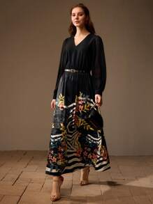 MOTF PREMIUM VÁY DÀI CỔ CHỮ V HỖN HỢP HOA VẬT VÀ ĐỘNG VẬT TAY PHỒNG CÓ THẮT LƯNG - Nhiều màu - Xem 7