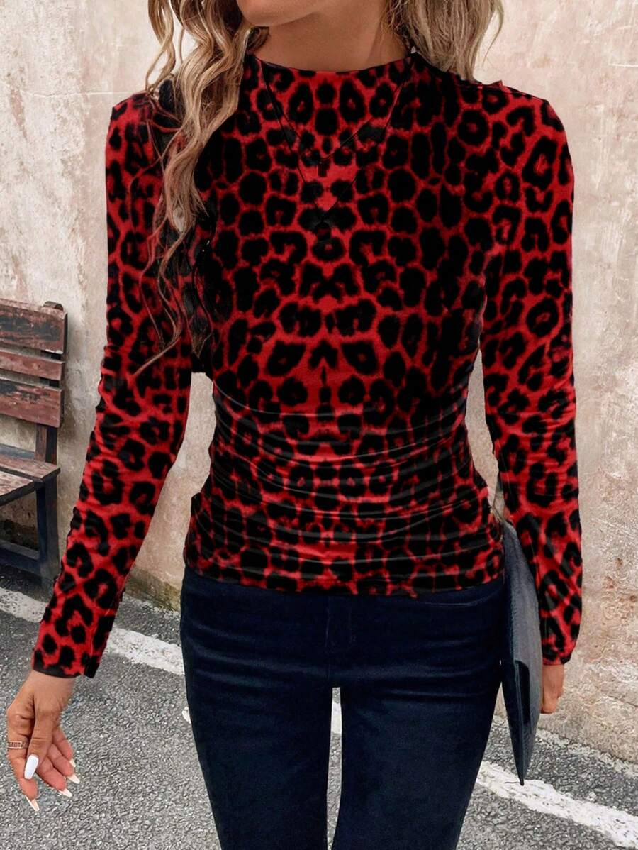 SHEIN Clasi Áo thun nữ bó sát vai có đệm nhún họa tiết da báo - Đỏ - Xem 1