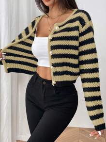 SHEIN PETITE Cárdigan de punto casual de uso diario con botones delanteros a rayas, para otoño/invierno