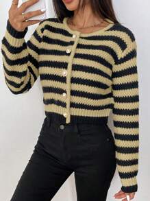 SHEIN PETITE Cárdigan de punto casual de uso diario con botones delanteros a rayas, para otoño/invierno
