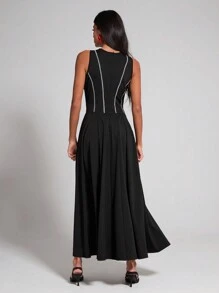 COSMINA Vestido casual sin mangas de cuello redondo y extra largo con diseño de bajo plisado para mujeres - Negro - Ver 2
